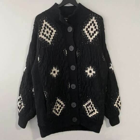 Vintage Jaques Vert Wool Mohair Blend Black White Abstract Pattern Button Coat - Picture 1 of 10